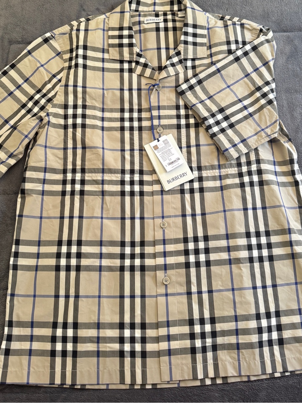 Burberry Beige Plaid Short-Sleeve Button-Down Shirt with Blue and Black Check